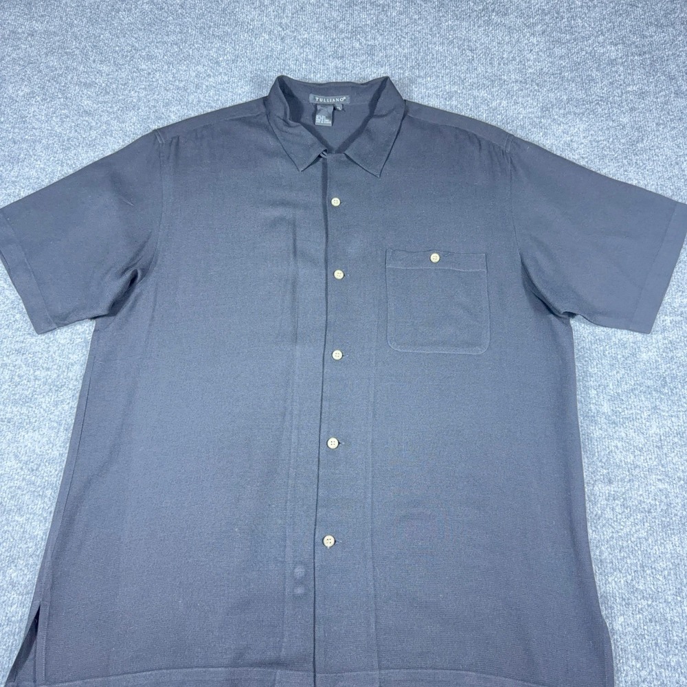 Tulliano Mens XL Black 100% Silk Textured Short Sleeve Button Down Shirt